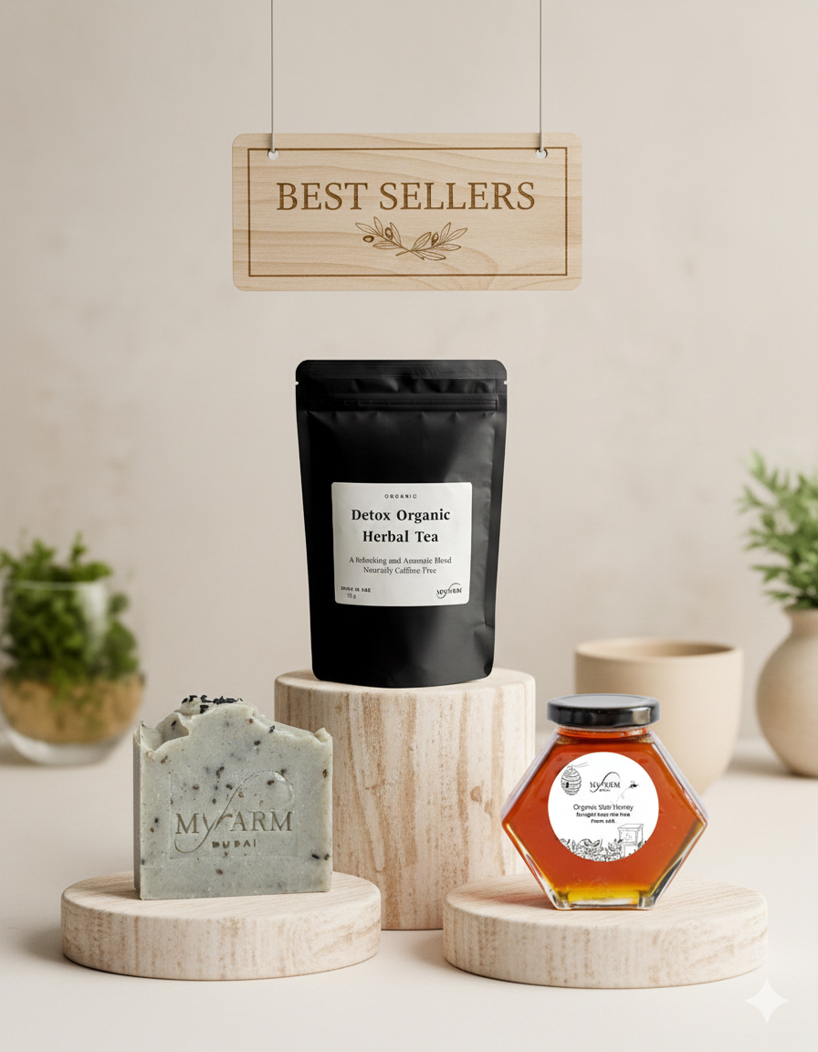 MyFarm Dubai best sellers featuring natural honey, infused honey and superfoods